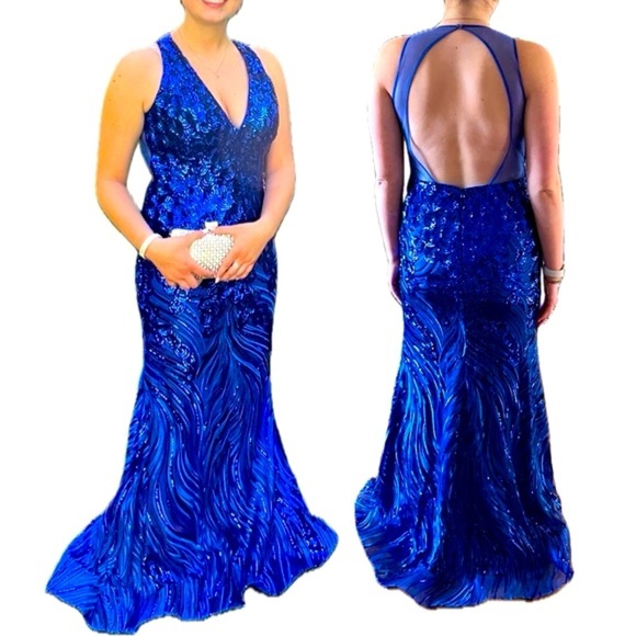 Jovani 60641 Royal Blue V-Neck Sequined Taffeta Ball Gown Prom Dress 8 - Picture 1 of 13